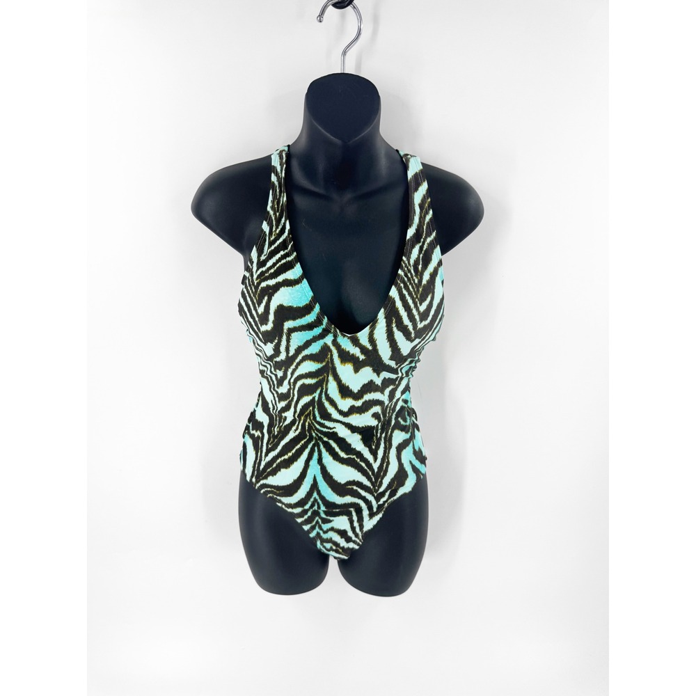 BECCA Womens Zebra Print One Piece Swimsuit Turquoise Black V-Neck Tie Back SM